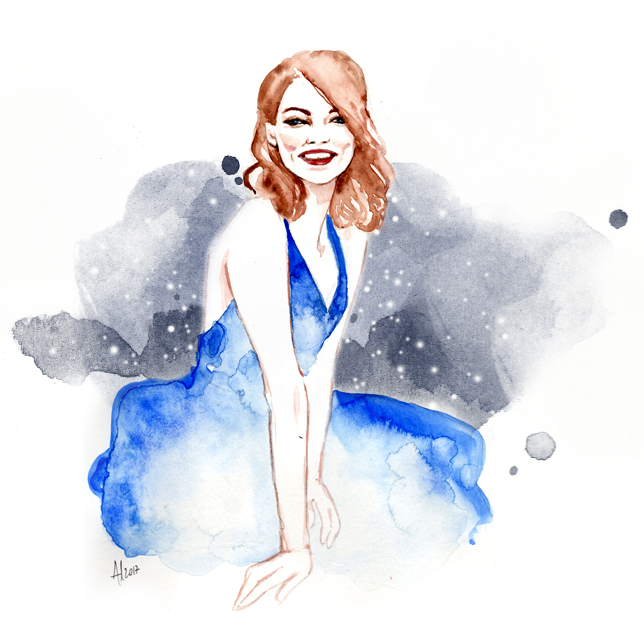 Emma Stone La La Land Alessia Landi fashion illustration movie review watercolor portrait Al Draws