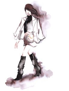 Girl in boots Fashion Illustration Alessia Landi ink watercolor winter french jacket over shoulders