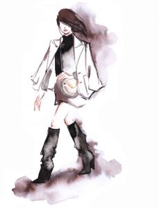 Watercolor ink fashion illustration boots autumn jacket over shoulder alessia landi aldraws